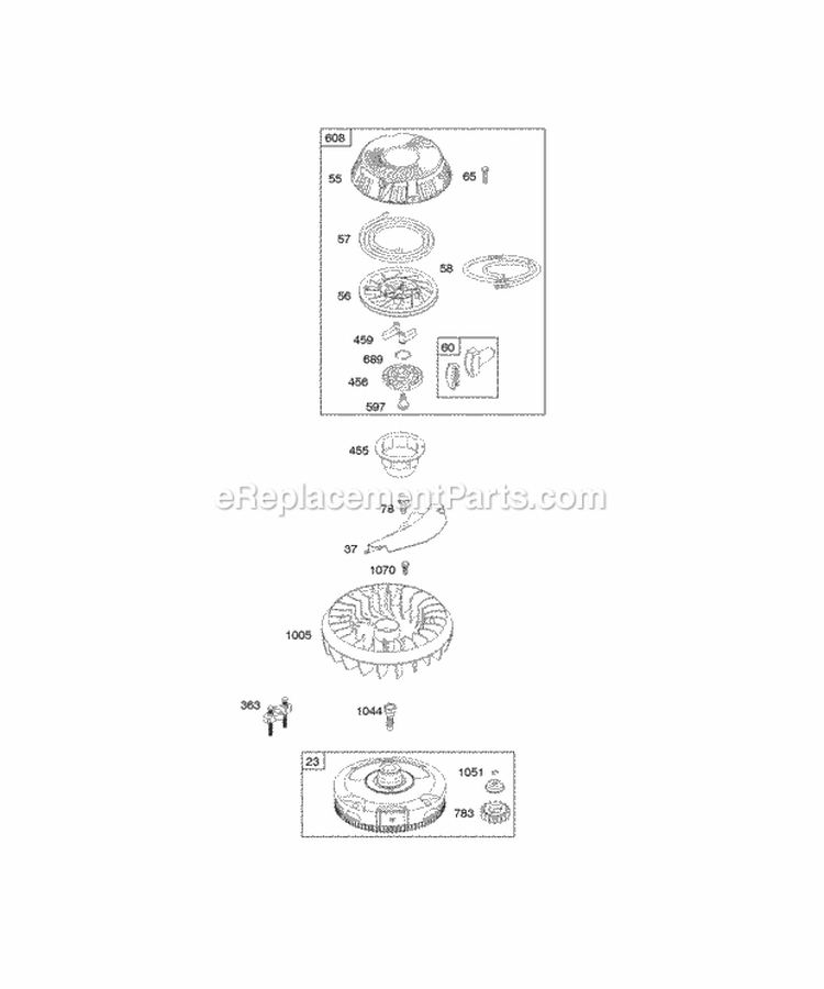 Flywheel Rewind Starter Diagram and Parts List for 284H77-0123-B1  Briggs and Stratton Engine